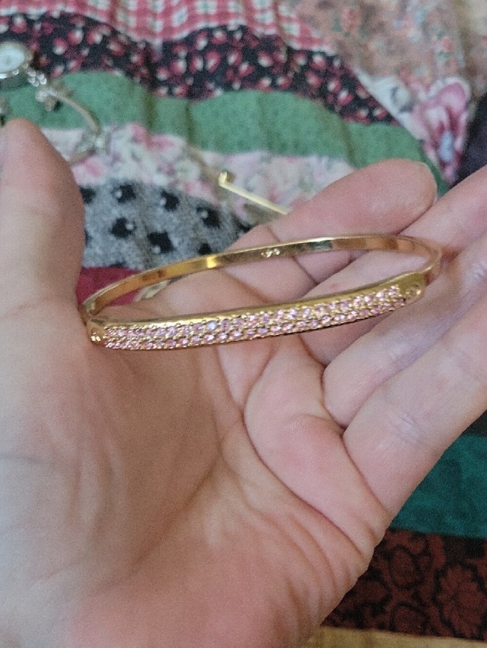 Gold Bangle Bracelet with Pink Crystals - Vintage Swarovski Crystal - Picture 2 of 3